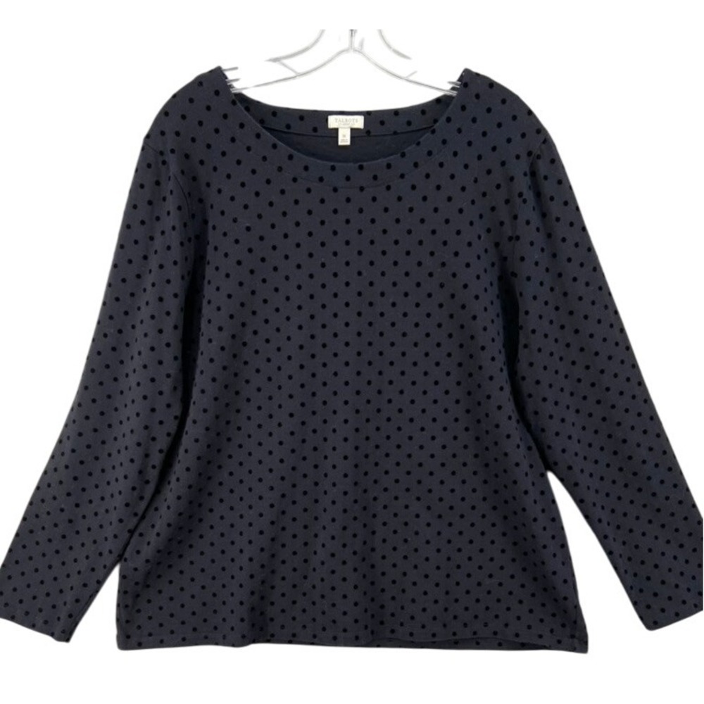 Talbots Shirt Woman Sz 1X Black Velvet Polka Dot Long Sleeve Boat‎ Neck Top